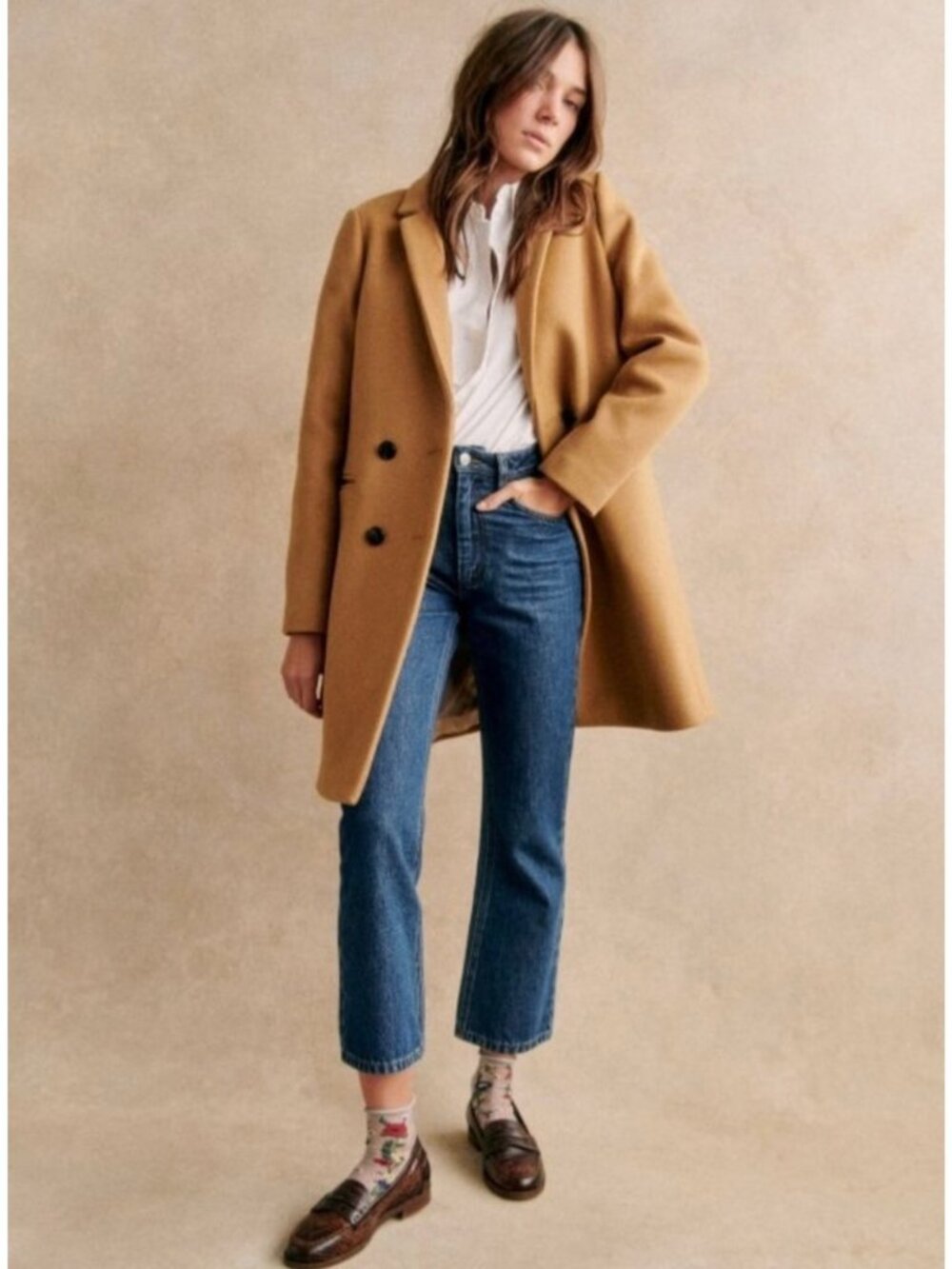 Sezane MANTEAU JOHNSON coat wool brown camel SZ44 us12 bust44